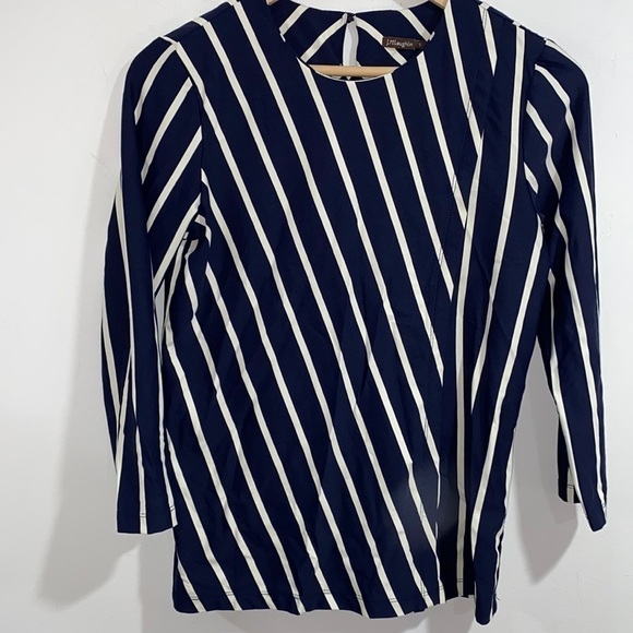 J McLaughlin shirt small striped navy ivory off white 3/4 sleeve - Picture 1 of 3